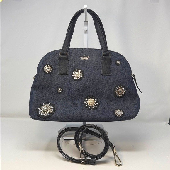 Kate Spade Cameron Street Lottie denim satchel pearl and crystal embellishments - Picture 3 of 11